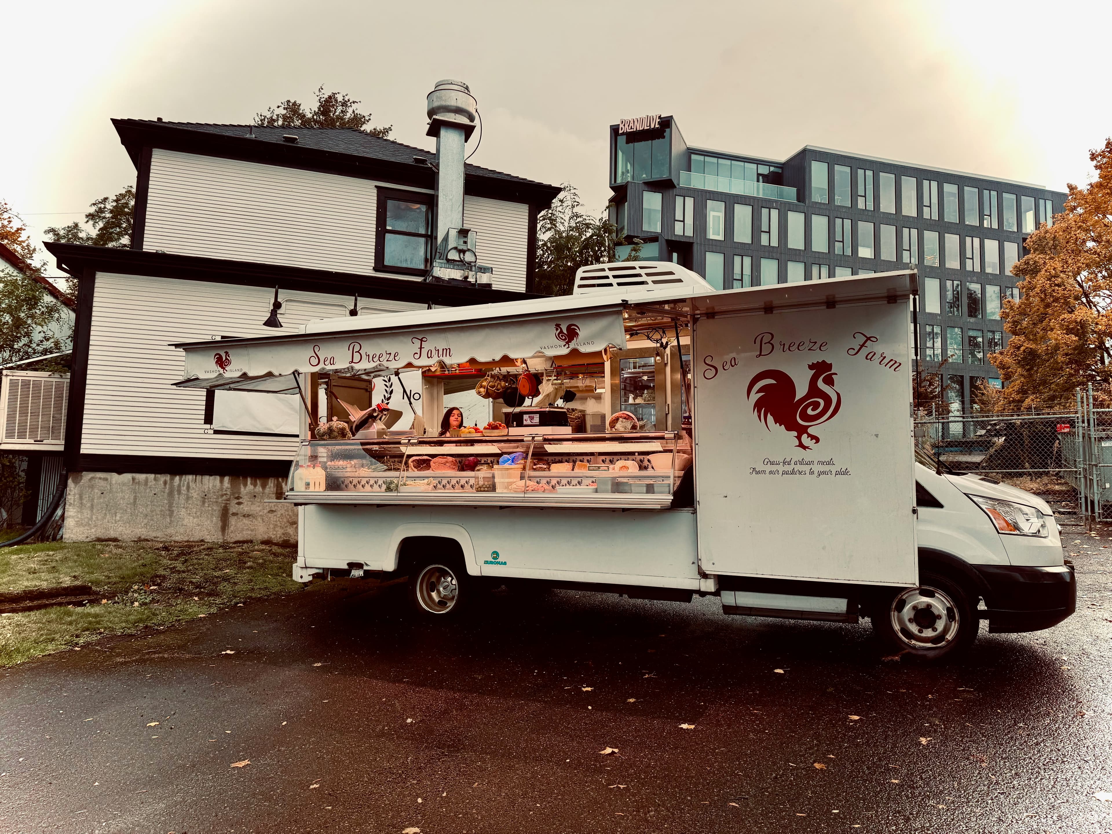 Sea Breeze Farm's Magic Meat Truck parked for Sunday service in Portland.